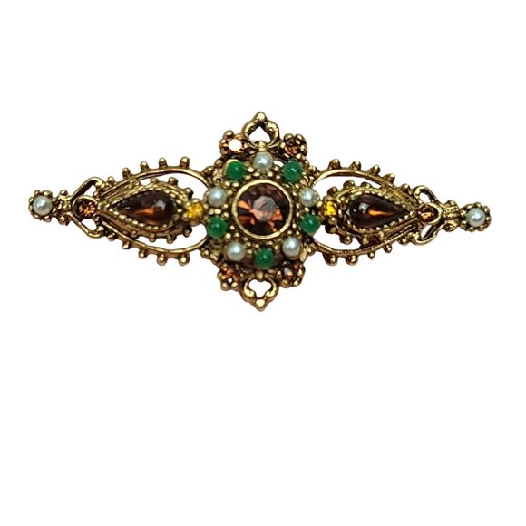 ART Arthur Pepper Gold-Tone Green & White Ballotini Beads Rhinestone Brooch, N81 - Picture 5 of 8